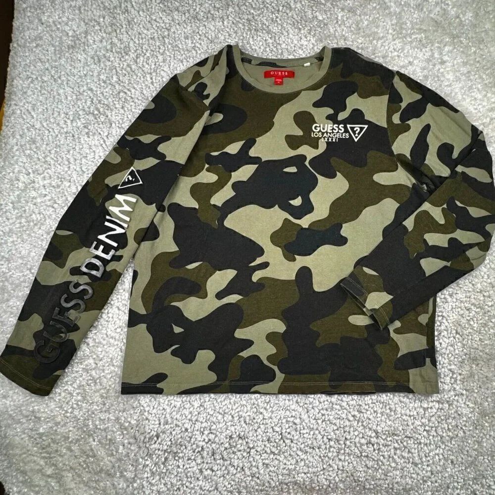 Guess Denim Los Angeles Green Camo Long Sleeve T-shirt Unisex Mens Medium